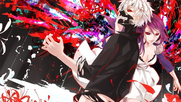 Anime picture 954x538 with tokyo ghoul studio pierrot kaneki ken kamishiro rize zearyu long hair looking at viewer short hair breasts smile red eyes wide image cleavage purple hair white hair profile teeth hand on another's face black sclera girl