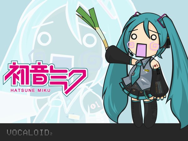 Anime picture 1600x1200 with vocaloid hachune miku single open mouth standing twintails pleated skirt chibi o o girl skirt detached sleeves leek
