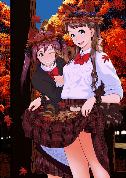 Anime picture 724x1023 with original nanahime (aoi) long hair tall image open mouth smile brown hair purple eyes multiple girls brown eyes one eye closed wink girl skirt uniform 2 girls plant (plants) school uniform animal tree (trees)