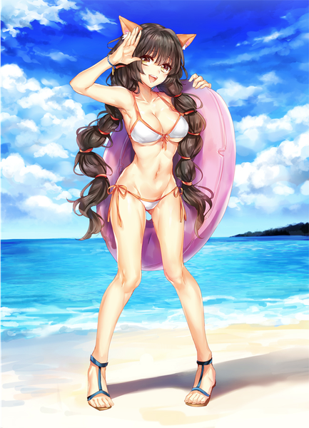 Anime picture 650x900 with original yuli (yulipo) single long hair tall image looking at viewer fringe breasts open mouth light erotic black hair hair between eyes twintails holding brown eyes animal ears sky cloud (clouds) full body head tilt