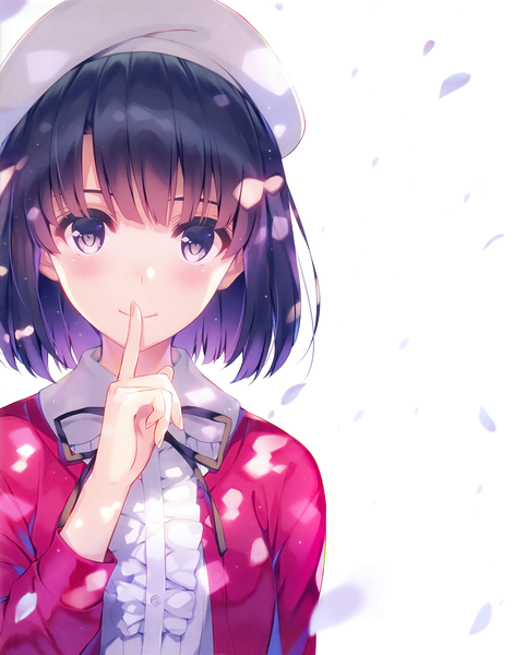 Anime picture 2533x3227 with saenai heroine no sodatekata a-1 pictures katou megumi misaki kurehito single tall image looking at viewer blush fringe highres short hair black hair white background purple eyes upper body light smile official art finger to mouth girl dress