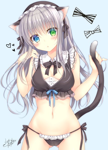Anime picture 800x1113 with original kohinata hoshimi single long hair tall image looking at viewer blush fringe breasts blue eyes light erotic simple background standing holding green eyes signed animal ears cleavage tail head tilt