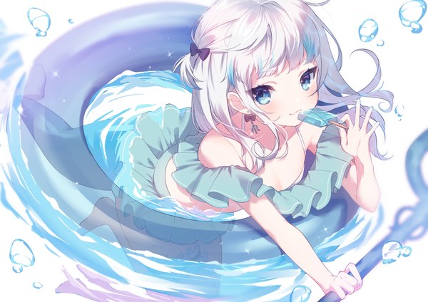 Anime-Bild 4096x2896 mit virtual youtuber hololive hololive english gawr gura mochizuki mochi single long hair looking at viewer highres blue eyes absurdres silver hair multicolored hair from above streaked hair girl swimsuit earrings bikini food