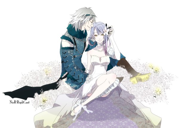 Anime picture 1440x1033 with nier kaine (nier) nier (young) yellow eyes white hair braid (braids) eyes closed hair flower couple girl dress boy hair ornament boots jewelry bandage (bandages)
