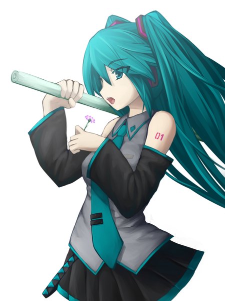 Anime picture 1200x1600 with vocaloid hatsune miku ac (eshi) single long hair tall image open mouth simple background white background twintails bare shoulders aqua eyes aqua hair girl flower (flowers) detached sleeves headphones leek