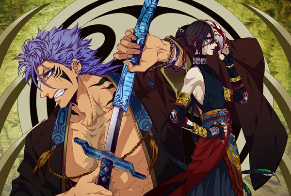 Anime picture 874x591 with bleach studio pierrot ulquiorra schiffer grimmjow jeagerjaques amiya long hair short hair blue eyes brown hair bare shoulders holding green eyes purple hair traditional clothes profile aqua eyes open clothes multiple boys tattoo alternate costume