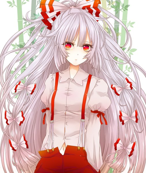 Anime picture 1932x2284 with touhou fujiwara no mokou yutsumoe single tall image looking at viewer fringe highres simple background red eyes standing silver hair ponytail very long hair parted lips hands in pockets girl navel bow ribbon (ribbons)