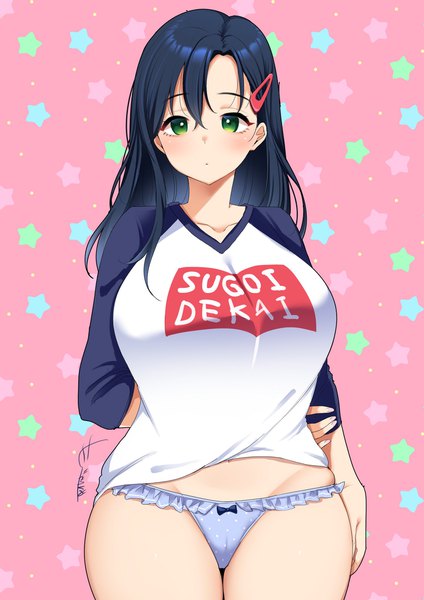 Anime picture 1446x2048 with original mojarin (kihara mojarin) single long hair tall image looking at viewer blush fringe breasts light erotic simple background hair between eyes large breasts standing green eyes signed blue hair :o skindentation cameltoe
