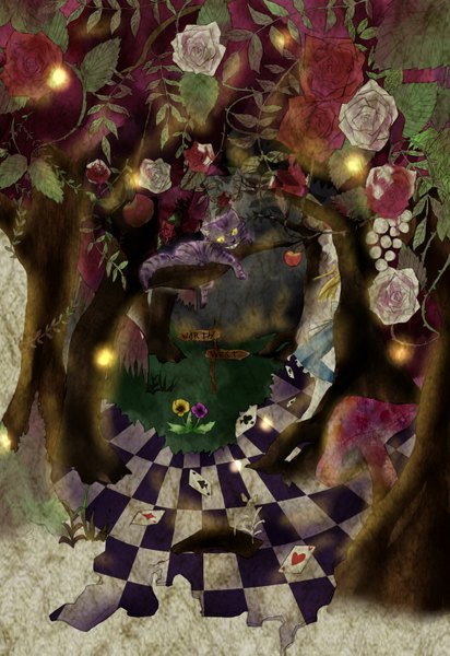 Anime picture 1044x1520 with alice in wonderland cheshire cat natsu ki you (artist) tall image checkered floor floor dress flower (flowers) plant (plants) animal tree (trees) rose (roses) cat forest card (cards) thorns mushroom (mushrooms) sign