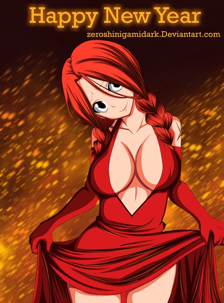 Anime picture 3108x4206 with fairy tail flare corona zeroshini zeroshinigamidark single long hair tall image highres breasts light erotic smile absurdres cleavage red hair braid (braids) black eyes inscription twin braids coloring new year