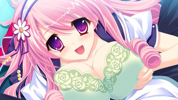 Anime picture 1280x720 with amakan (game) long hair blush breasts open mouth light erotic wide image large breasts purple eyes pink hair game cg drill hair girl hairband