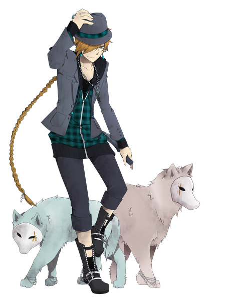 Anime picture 1600x2100 with original nouka yura long hair tall image fringe hair over one eye orange hair transparent background androgynous hat earrings animal boots pants mask suit delta