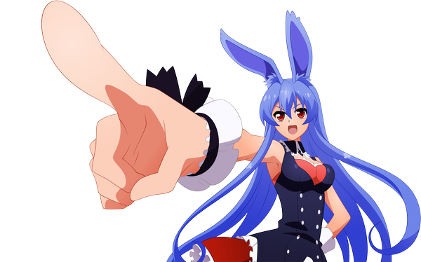 Anime picture 8000x4992 with mondaiji-tachi ga isekai kara kuru sou desu yo? kurousagi (mondaiji) long hair highres open mouth red eyes wide image blue hair absurdres bunny girl transparent background pointing girl dress