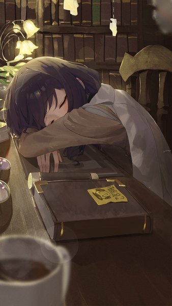 Anime picture 1500x2664 with blue archive ui (blue archive) kji (rozo) single tall image fringe short hair sitting purple hair upper body indoors eyes closed long sleeves blurry light crossed arms sleeping covered mouth head rest girl
