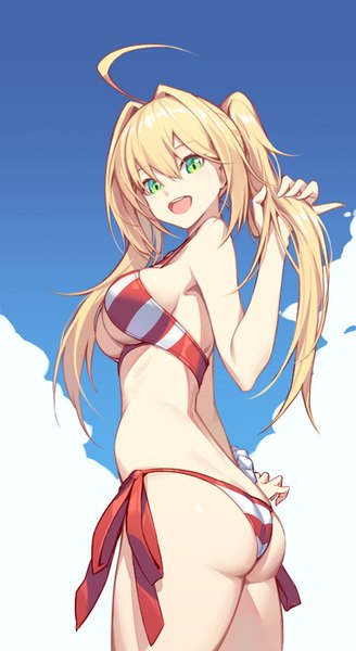 Anime picture 548x1000 with fate (series) fate/grand order nero claudius (fate) nero claudius (swimsuit caster) (fate) nian (zhanian) single long hair tall image looking at viewer blush fringe breasts open mouth light erotic blonde hair hair between eyes large breasts standing twintails bare shoulders