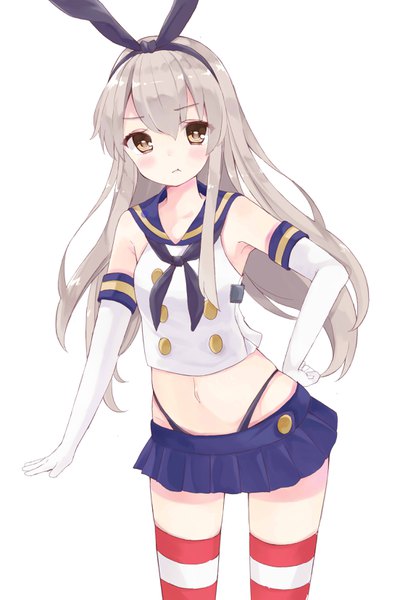 Anime picture 2207x3309 with kantai collection shimakaze destroyer oto (piiko) single long hair tall image looking at viewer blush fringe highres simple background hair between eyes white background brown eyes grey hair midriff zettai ryouiki hand on hip :t girl