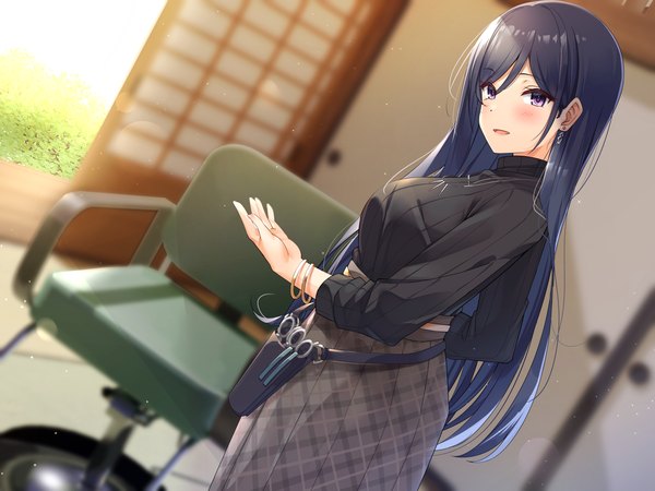 Anime picture 3000x2250 with original super nagoyaka single long hair looking at viewer blush fringe highres breasts open mouth black hair hair between eyes standing purple eyes pleated skirt blurry dutch angle plaid skirt girl skirt