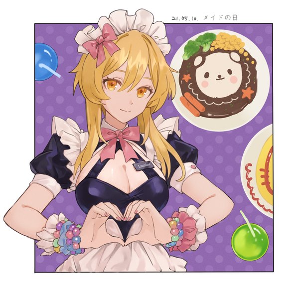 Anime picture 1000x1000 with genshin impact lumine (genshin impact) bisque single long hair looking at viewer fringe breasts light erotic blonde hair hair between eyes large breasts yellow eyes cleavage maid border dated outside border purple background heart hands