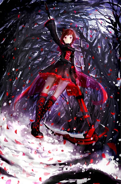 Anime picture 781x1186 with rwby rooster teeth ruby rose ted (taiwan) single tall image blush fringe short hair smile red eyes standing red hair long sleeves wide sleeves dutch angle snowing winter snow bare tree