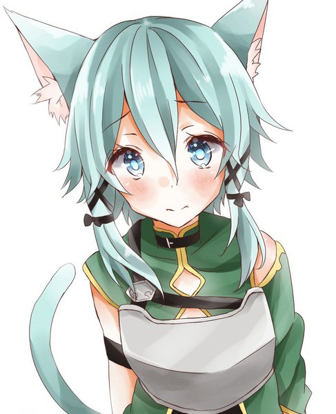 Anime picture 938x1154 with sword art online a-1 pictures asada shino chima (fusigiko) single tall image looking at viewer blush fringe simple background white background animal ears tail head tilt animal tail cat ears cat tail asymmetrical hair girl ribbon (ribbons)