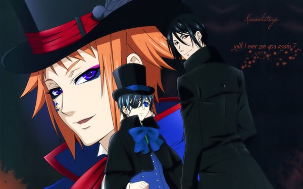 Anime picture 1920x1200 with kuroshitsuji a-1 pictures sebastian michaelis ciel phantomhive drocell cainz looking at viewer highres short hair open mouth blue eyes black hair smile red eyes wide image purple eyes orange hair inscription multiple boys butler boy