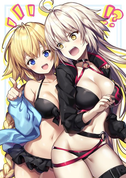 Anime picture 566x800 with fate (series) fate/grand order jeanne d'arc (fate) (all) jeanne d'arc alter (fate) jeanne d'arc alter (swimsuit berserker) (fate) jeanne d'arc (swimsuit archer) riichu tall image looking at viewer blush fringe breasts open mouth blue eyes light erotic simple background blonde hair hair between eyes large breasts white background