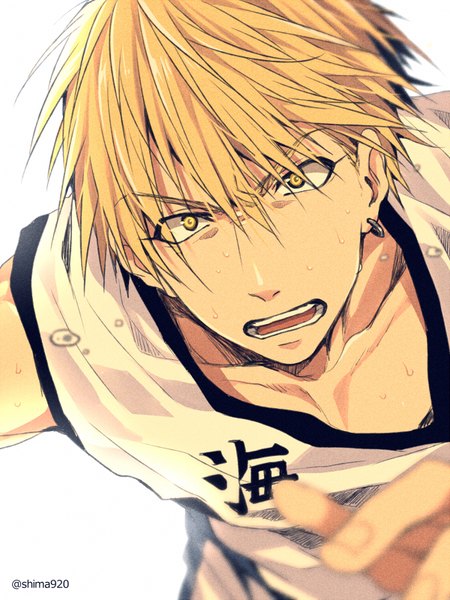 Anime picture 600x800 with kuroko no basket production i.g kise ryouta mashima shima single tall image looking at viewer short hair open mouth simple background blonde hair white background signed yellow eyes sweat piercing ear piercing boy uniform gym uniform