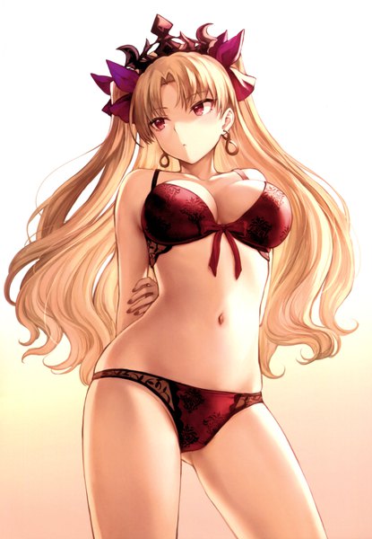 Anime picture 4829x6976 with fate (series) fate/grand order ereshkigal (fate) mashuu (neko no oyashiro) single long hair tall image blush fringe highres breasts light erotic simple background blonde hair red eyes large breasts looking away absurdres cleavage head tilt