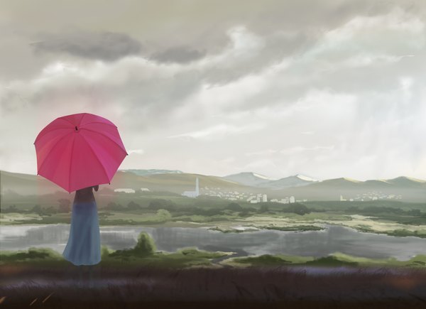 Anime picture 2000x1453 with original akio-bako (artist) single highres sky cloud (clouds) from behind landscape river no face girl skirt building (buildings) umbrella