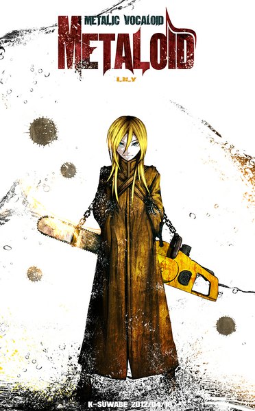 Anime picture 620x1000 with vocaloid meltdown (vocaloid) lily (vocaloid) kei-suwabe single long hair tall image looking at viewer blonde hair smile aqua eyes inscription alternate costume pale skin hands in pockets girl chain cloak chainsaw