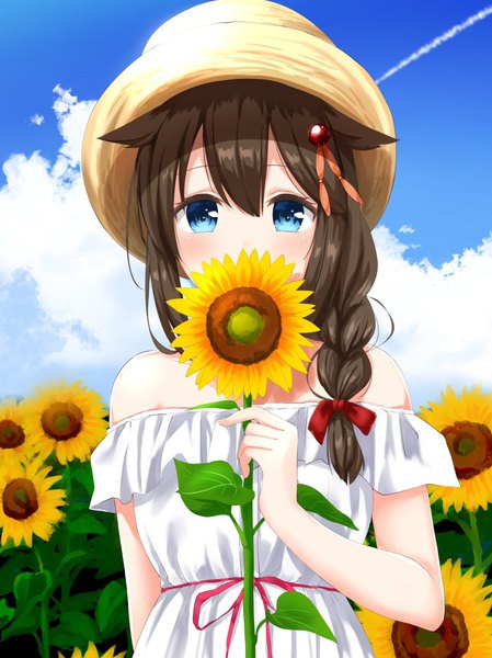 Anime picture 849x1134 with kantai collection shigure destroyer yamamura umi single long hair tall image looking at viewer blush fringe blue eyes hair between eyes brown hair bare shoulders holding payot sky cloud (clouds) upper body outdoors braid (braids)