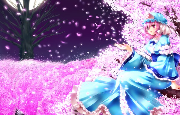 Anime picture 1700x1088 with touhou saigyouji yuyuko short hair pink hair pink eyes night cherry blossoms girl dress flower (flowers) plant (plants) hat petals tree (trees) moon full moon