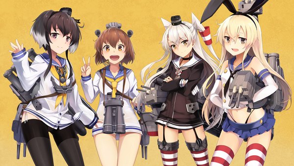 Anime picture 1900x1078 with kantai collection shimakaze destroyer rensouhou-chan amatsukaze destroyer rensouhou-kun yukikaze destroyer tokitsukaze destroyer neko (yanshoujie) long hair looking at viewer highres short hair open mouth light erotic blonde hair simple background brown hair wide image purple eyes multiple girls