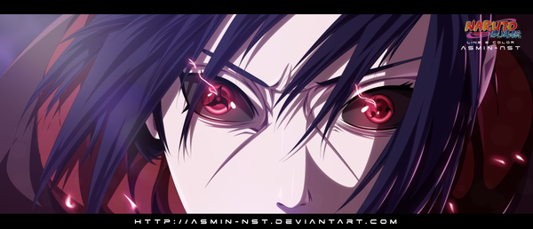 Anime picture 2395x1031 with naruto studio pierrot naruto (series) uchiha itachi iitheluciferii single highres short hair black hair red eyes wide image inscription coloring glowing letterboxed close-up face glowing eye (eyes) akatsuki sharingan