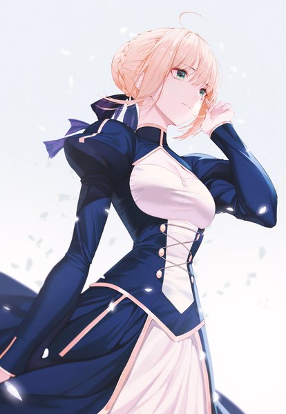 Anime picture 2826x4096 with fate (series) fate/grand order fate/stay night artoria pendragon (all) saber peulopi single tall image fringe highres short hair breasts simple background blonde hair hair between eyes standing green eyes payot looking away cleavage
