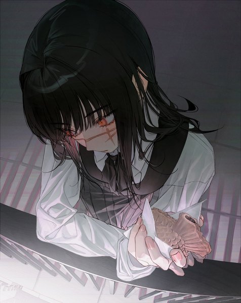 Anime picture 762x960 with chainsaw man mappa mitaka asa yoru (chainsaw man) wanke single long hair tall image fringe black hair standing holding looking away blunt bangs long sleeves from above orange eyes scar girl skirt