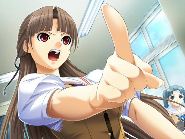 Anime picture 1024x768 with alea aki tsuki o haruka ni nozomi (game) long hair open mouth red eyes brown hair game cg girl