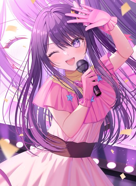 Anime picture 1490x2048 with oshi no ko hoshino ai (oshi no ko) izumo neru single long hair tall image looking at viewer blush open mouth purple eyes purple hair one eye closed arm up wink one side up ;d girl dress gloves microphone