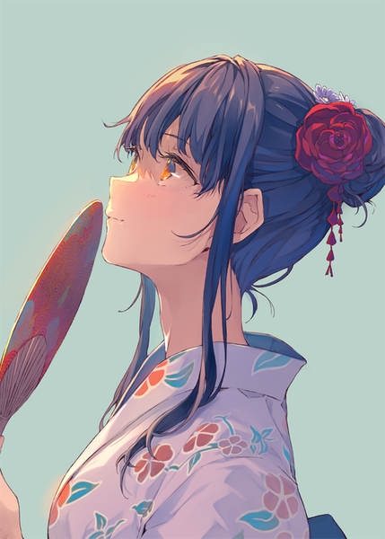 Anime picture 573x800 with original reia single tall image blush fringe short hair black hair simple background holding brown eyes payot upper body traditional clothes japanese clothes profile hair flower hair bun (hair buns) floral print looking up