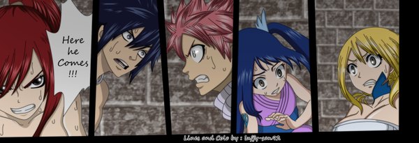 Anime picture 2664x912 with fairy tail lucy heartfilia erza scarlet natsu dragneel gray fullbuster wendy marvell luffy-san92 long hair highres short hair open mouth black hair blonde hair wide image brown eyes blue hair pink hair red hair grey eyes tattoo