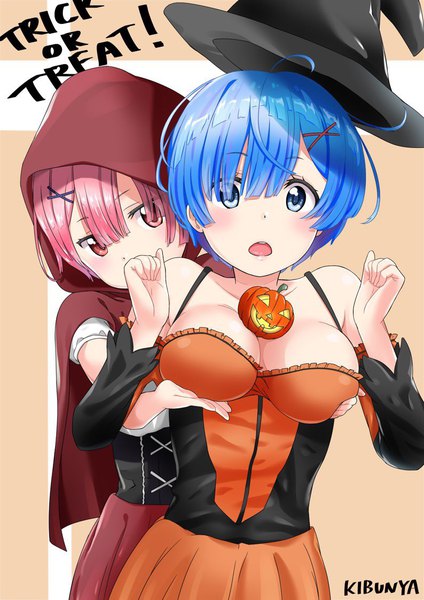 Anime picture 794x1123 with re:zero kara hajimeru isekai seikatsu white fox rem (re:zero) ram (re:zero) murio tall image blush fringe short hair breasts open mouth blue eyes light erotic hair between eyes red eyes large breasts bare shoulders multiple girls signed blue hair