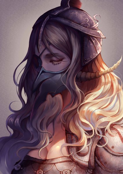 Anime picture 2480x3507 with original cr single long hair tall image highres breasts blonde hair eyes closed horn (horns) gradient background girl armor mask eyepatch helmet