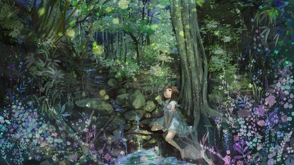 Anime picture 2000x1124 with original yukinokoe single highres short hair open mouth brown hair wide image sitting brown eyes barefoot sunlight looking up green background dress flower (flowers) plant (plants) tree (trees) water forest