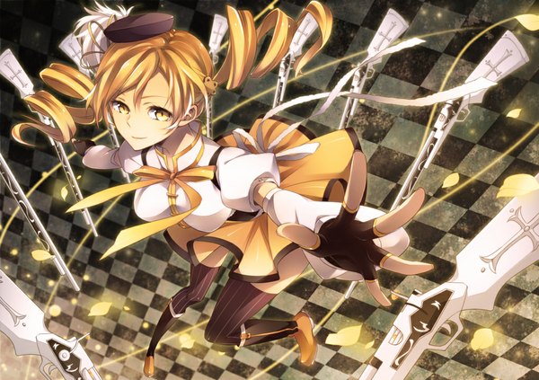 Anime picture 1020x720 with mahou shoujo madoka magica shaft (studio) tomoe mami single long hair looking at viewer fringe breasts light erotic blonde hair twintails yellow eyes drill hair checkered girl thighhighs hair ornament bow weapon hat