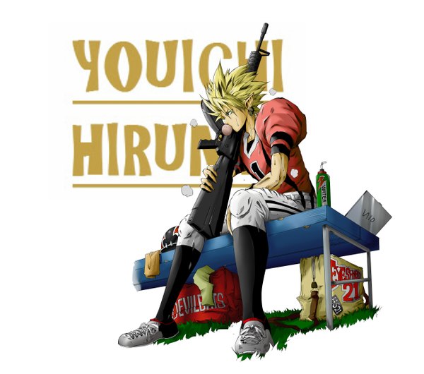 Anime picture 2600x2300 with eyeshield 21 production i.g hiruma youichi hi-roa-ki (artist) single highres blonde hair sitting full body pointy ears sweat sweatdrop boy uniform weapon gun gym uniform bottle helmet sneakers