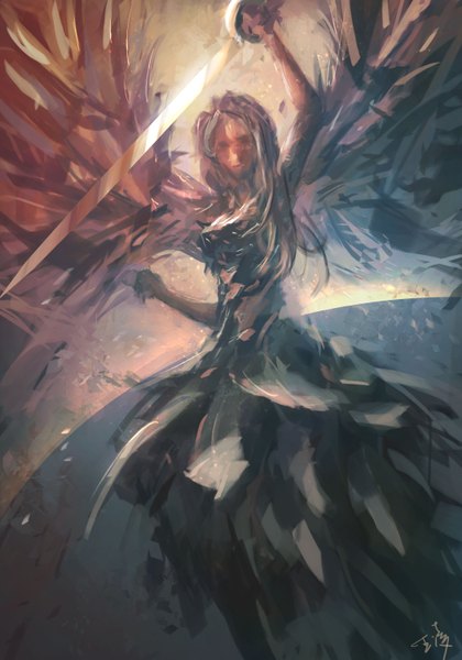 Anime picture 2100x3000 with original wlop single long hair tall image highres white hair blurry angel wings battle angel girl weapon sword wings feather (feathers)
