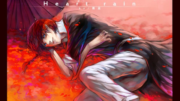 Anime picture 1600x900 with gintama sunrise (studio) kamui (gintama) shimo single long hair blue eyes wide image signed red hair lying braid (braids) traditional clothes light smile inscription pink background red background orange background boy petals