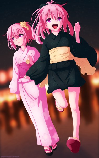 Anime picture 768x1217 with toloveru toloveru darkness xebec momo velia deviluke nana asta deviluke zeroooart long hair tall image short hair open mouth smile multiple girls pink hair traditional clothes japanese clothes pink eyes hair flower night coloring running
