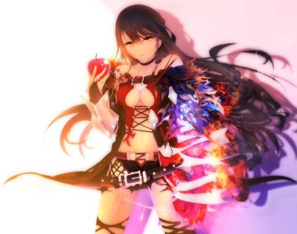 Anime picture 2000x1576 with tales of (series) tales of berseria velvet crowe furisode (pixilvina) single long hair looking at viewer highres breasts light erotic black hair bare shoulders yellow eyes bare belly torn clothes girl navel belt fruit apple
