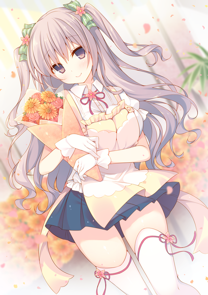 Anime picture 1447x2047 with original moe2016 miko (royal milk) single long hair tall image looking at viewer blush smile brown eyes grey hair two side up girl thighhighs skirt gloves flower (flowers) bow hair bow miniskirt